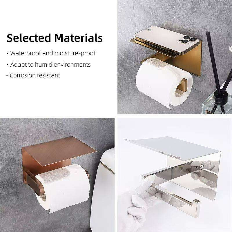Brushed Rose Gold Round Bar 304 Stainless Steel Toilet Paper Holder with Phone Shelf, No Drill &amp; Punch Dual Installation Rustproof Wall Mounted Bathroom Tissue