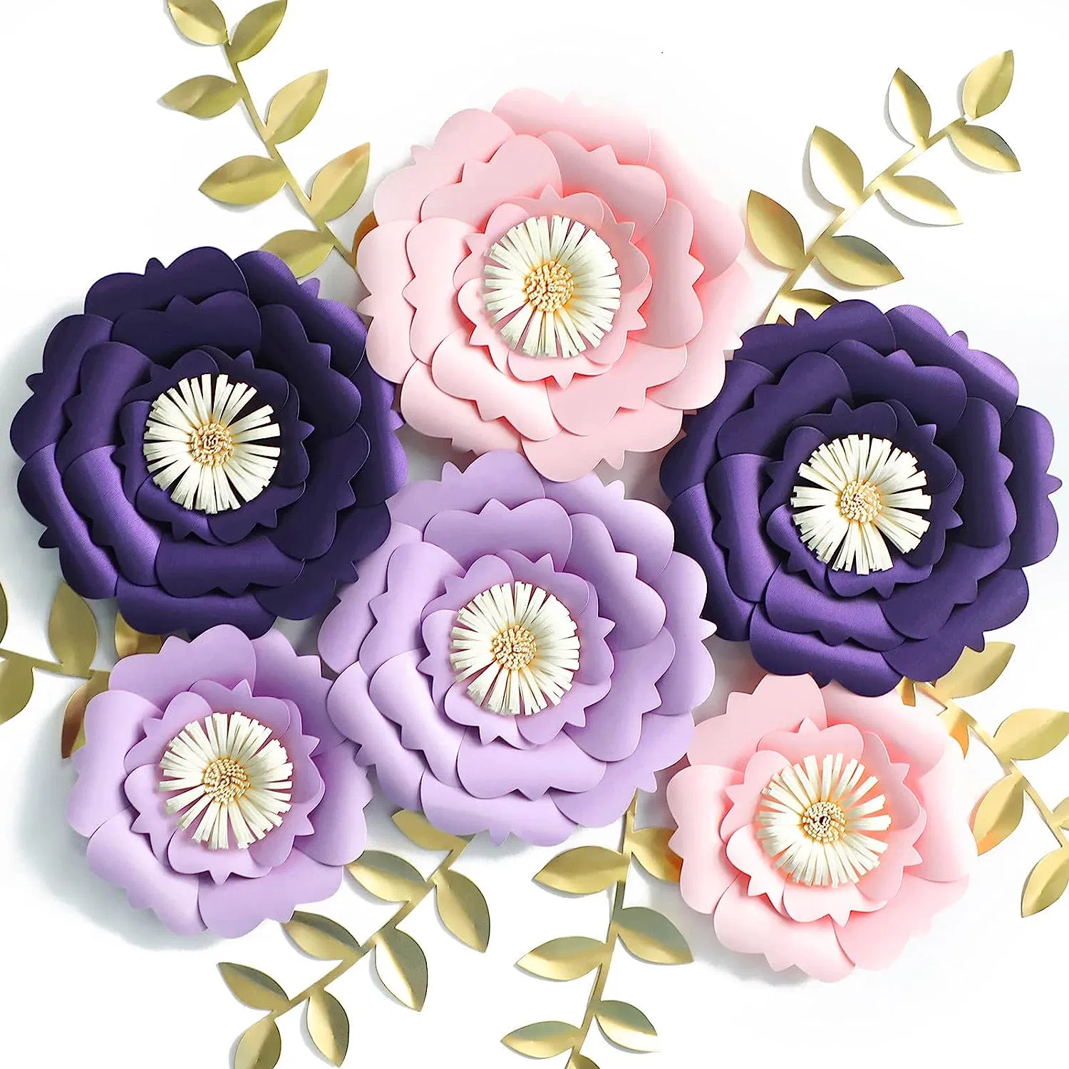 Large 3D Paper Flowers Decorations for Wall (Purple Lavender Pink, Set of 6), Wedding, Bridal Shower, Baby Shower, Nursery Decor, Centerpieces, Paper Roses Back
