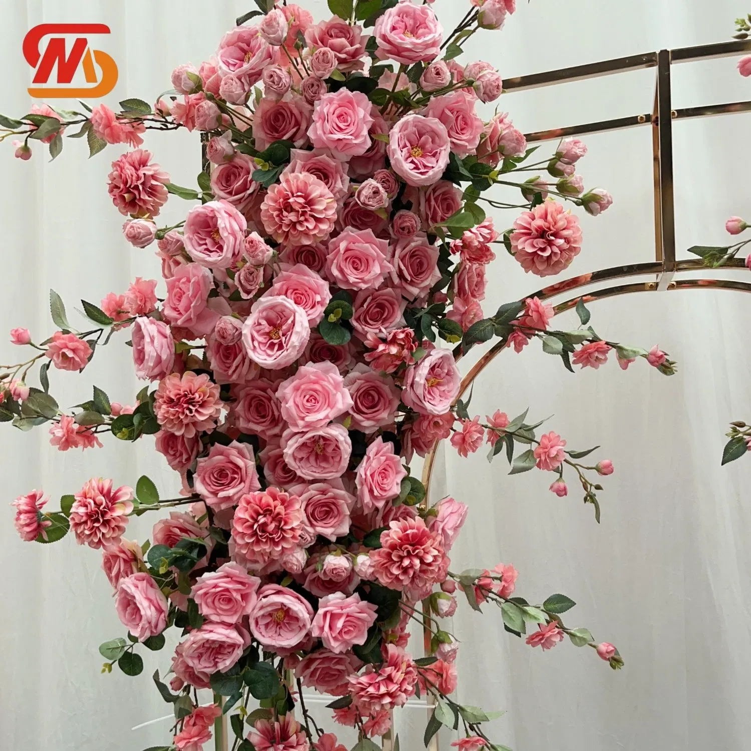 Smooth Wedding Flower Arch Flora Arrangement Stage Backdrop Decoration Pink Rose and Green Plants Flower Row Decoration
