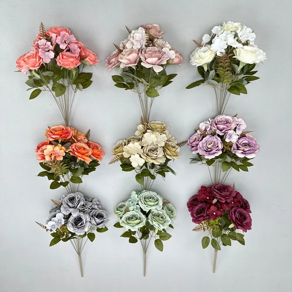 Wholesale High-End Artificial 9 Heads Roses Flowers for Wedding Backdrop Decoration