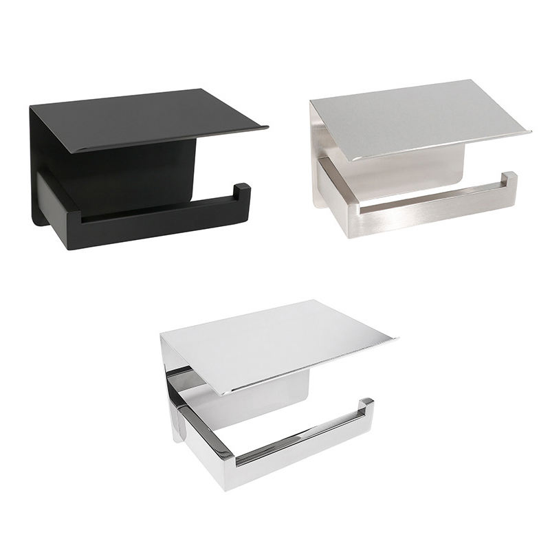 Brushed Rose Gold Round Bar 304 Stainless Steel Toilet Paper Holder with Phone Shelf, No Drill &amp; Punch Dual Installation Rustproof Wall Mounted Bathroom Tissue