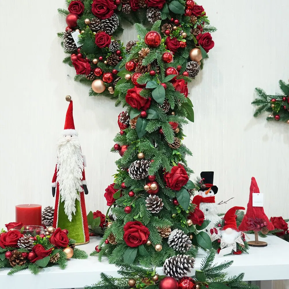 2024 Newly Design Pine Tower Molding Aritificial Rose Tree with LED Light Christmas Decorations for Christmas Ornaments