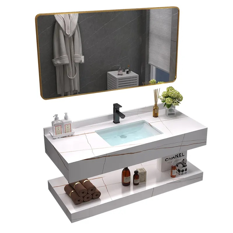 28 Inch Luxury Modern Bathroom Furniture Marble Sintered Stone Countertop Sink Free Standing Bath Vanity Unit with LED Mirror Chinese Factorie Offer Customizati