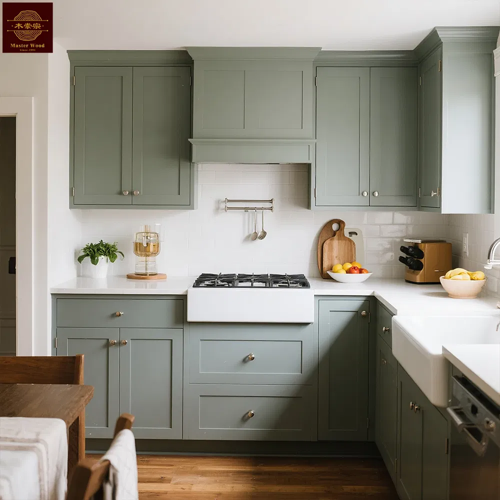 Custom Luxury Eco-Friendly Green Matte Lacquer Solid Wood Shaker Style Kitchen Cabinet Set - Modern Farmhouse Soft Close Hardware OEM/ODM