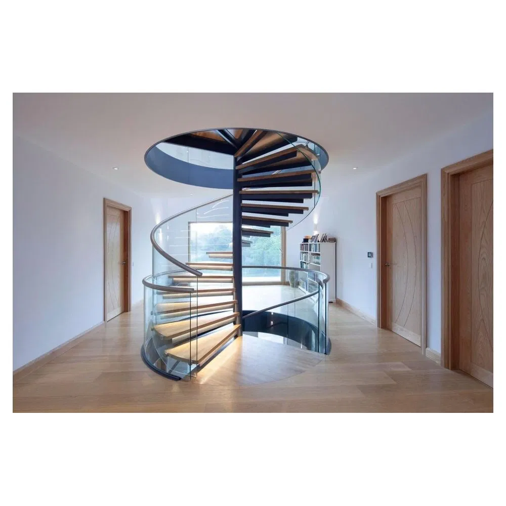 Staircase Unique Glass Railing with Beautiful Wood Tread for Modern Spiral Staircase