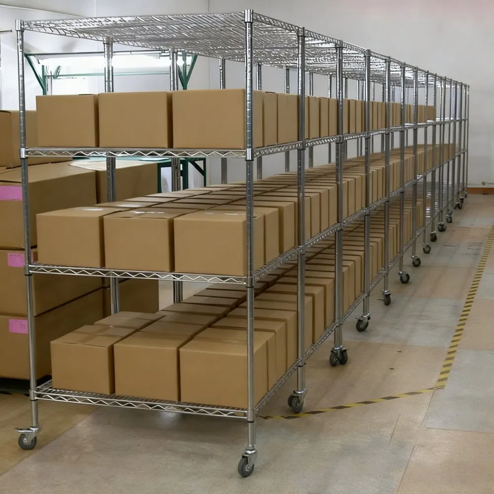 4 Tiers Floor Warehouse Racking Trolley Heavy Duty Storage Boxes Picking Wire Shelving System
