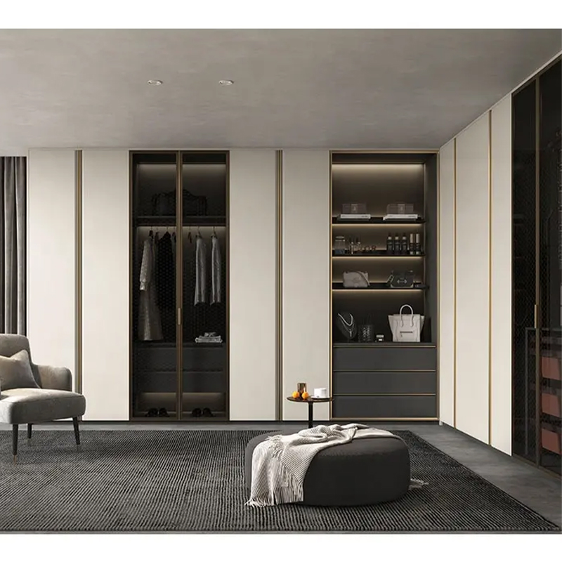 Custom Classic Luxury Open Door Leather Walk in Closet Wardrobe with Lighting System