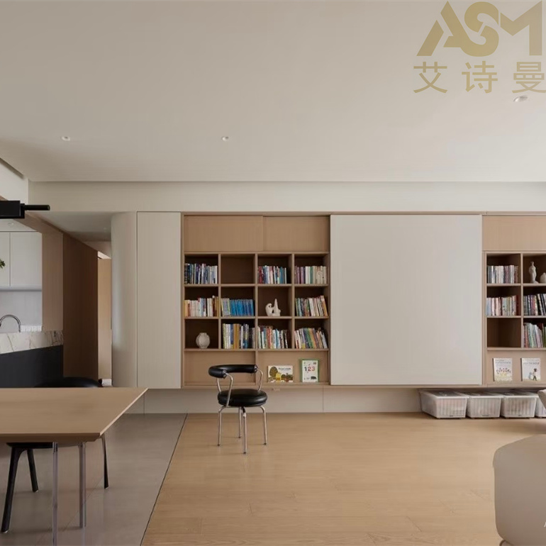 Premium Modern Light Wood Grain Built-in Bookcase Bookshelf Open Compartments Desk Attached Storage Basket Living Room Wall Wooden Filing Melamine Bookcase