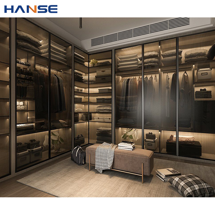 Free 3D Design U Shape Walk in Closet System Customized Aluminium Frame Glass Door Walk in Wardrobe for Villa