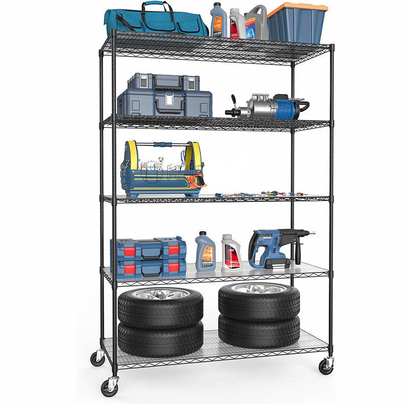 Heavy Duty Powder Coated Steel Industrial Wire Shelving System 5 Tiers Garage Metal Racking Unit on Wheels
