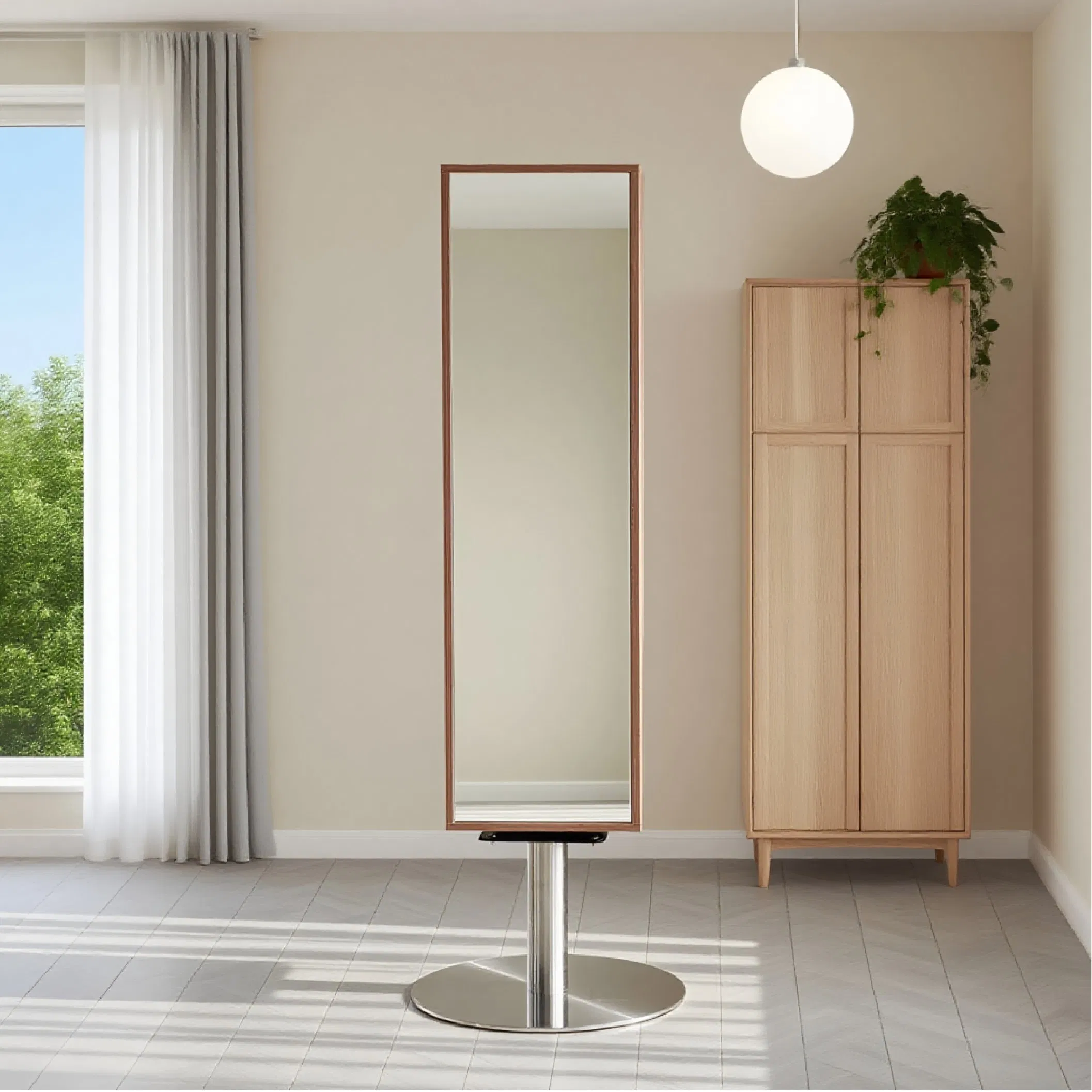 Multi-Functional Shelf with Rotating Feature and Built-in Mirror, Wooden Bookshelf