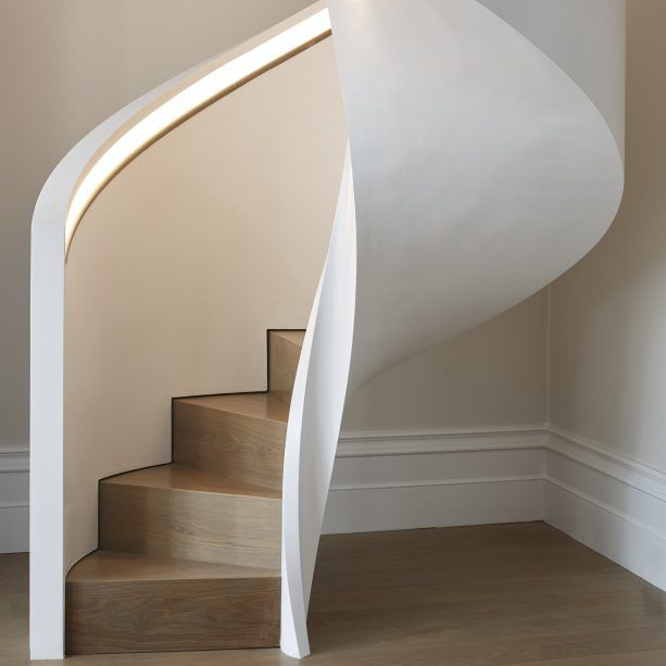 Solid Wooden Steps Curved Staircase Metal Railing