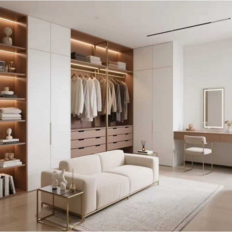 Freestanding Walk in Closet System Cabinet Wood Wardrobe Organizersto Assemble with Embedded Mirror Door