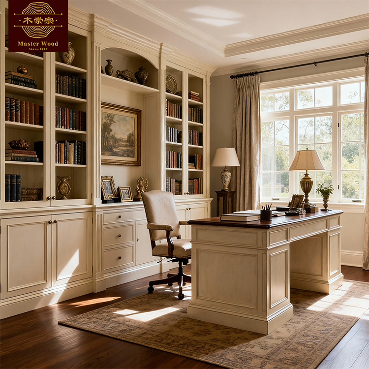 Custom Made Book Cabinet Solid Wooden Full Wall Built-in with LED Strip Private Office Luxury Shelves Whole House Customization - Bookcase