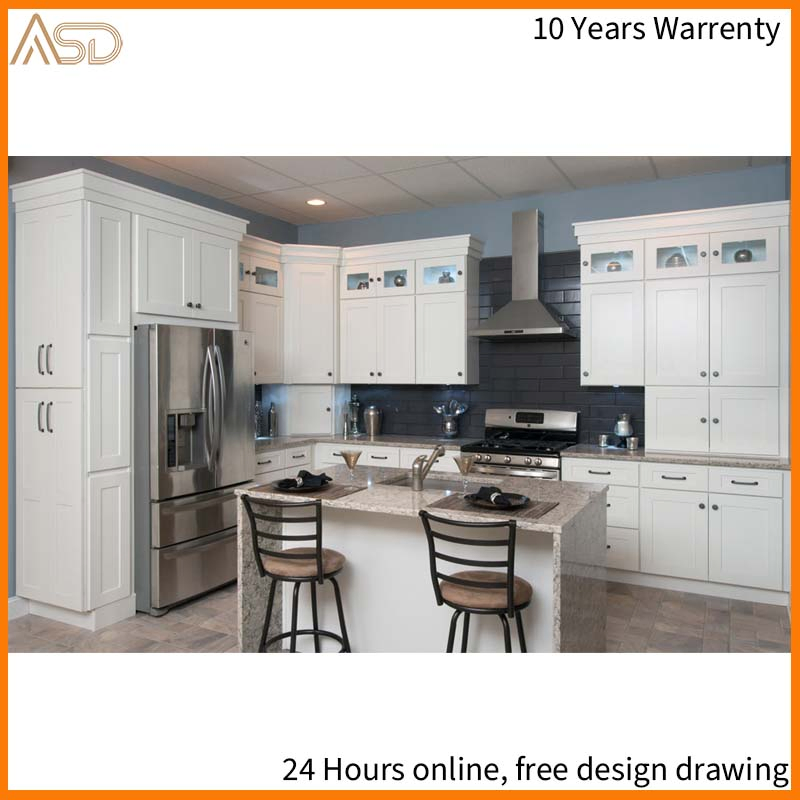 OEM Design Durable Membrane Wood Kitchen Island Modern Style White Shaker Kitchen Cabinet