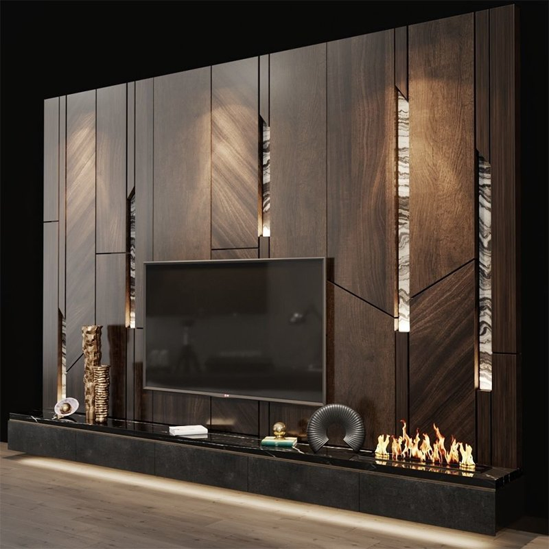 Luxury Wood MDF Sintered Stone Electric Modern TV Cabinet Fireplace TV Stand Modern with Fireplaces