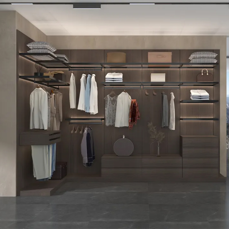Custom Classic Luxury Open Door Leather Walk in Closet Wardrobe with Lighting System