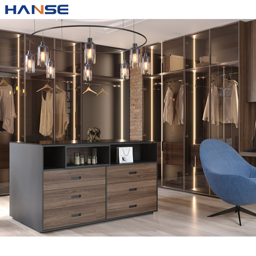 Free 3D Design U Shape Walk in Closet System Customized Aluminium Frame Glass Door Walk in Wardrobe for Villa