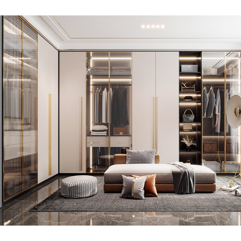 Custom Classic Luxury Open Door Leather Walk in Closet Wardrobe with Lighting System