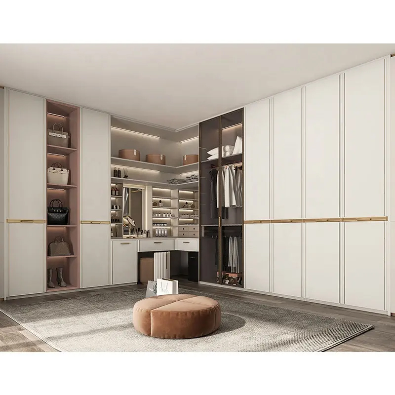 Custom Classic Luxury Open Door Leather Walk in Closet Wardrobe with Lighting System