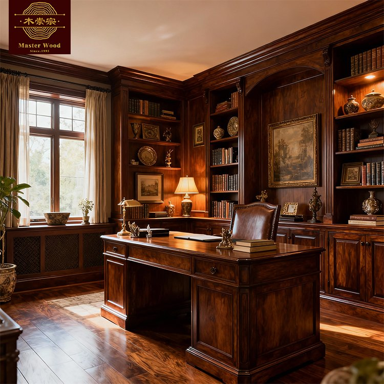 Custom Solid Wooden Bookcase - Classic American Style Built-in Bookshelf with Cabinet Storage for Study Room Whole House Customization Book Cabinet