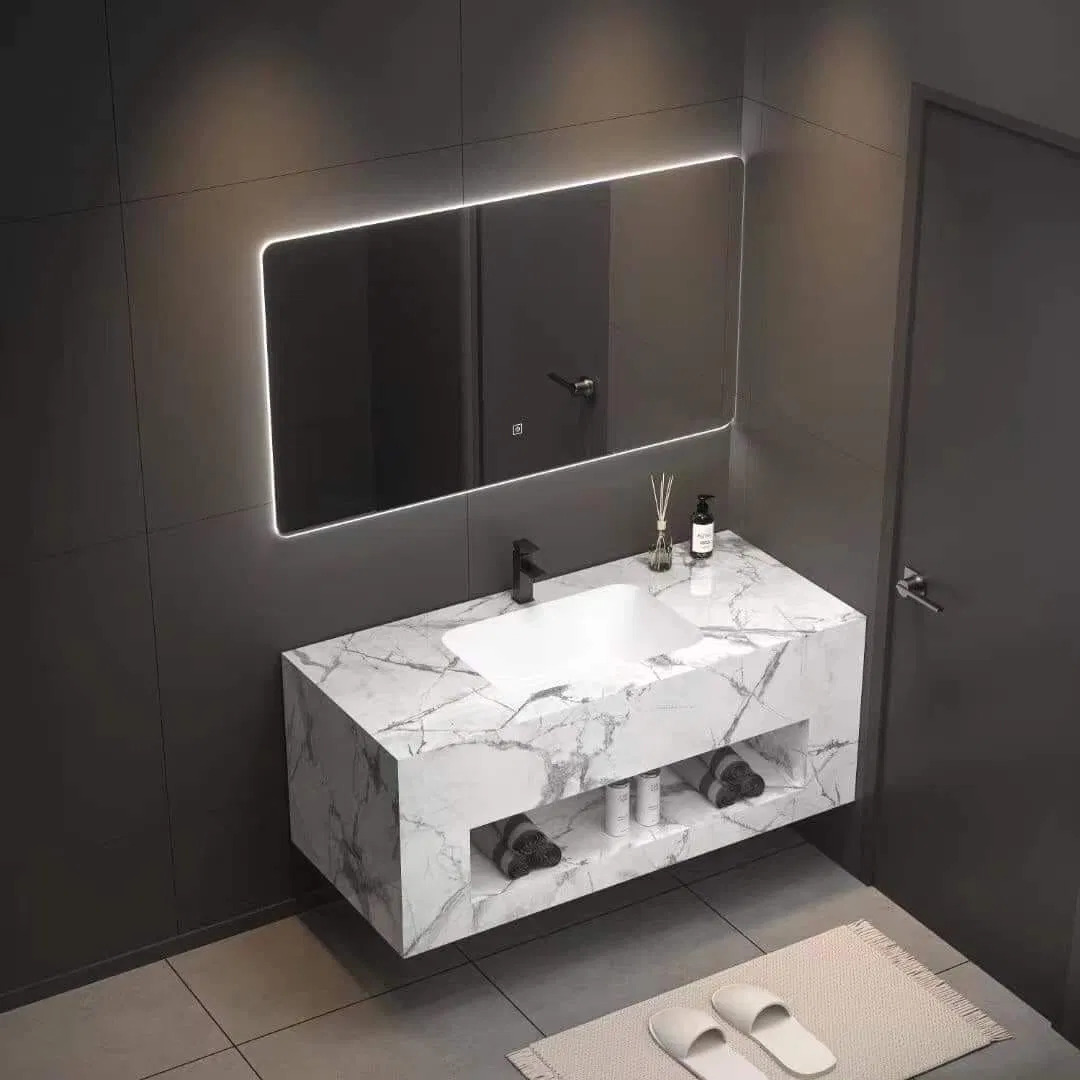 Customized Bathroom Cabinet Sets Curved Shaker Style Marble Top Solid Wood Freestanding Vanity