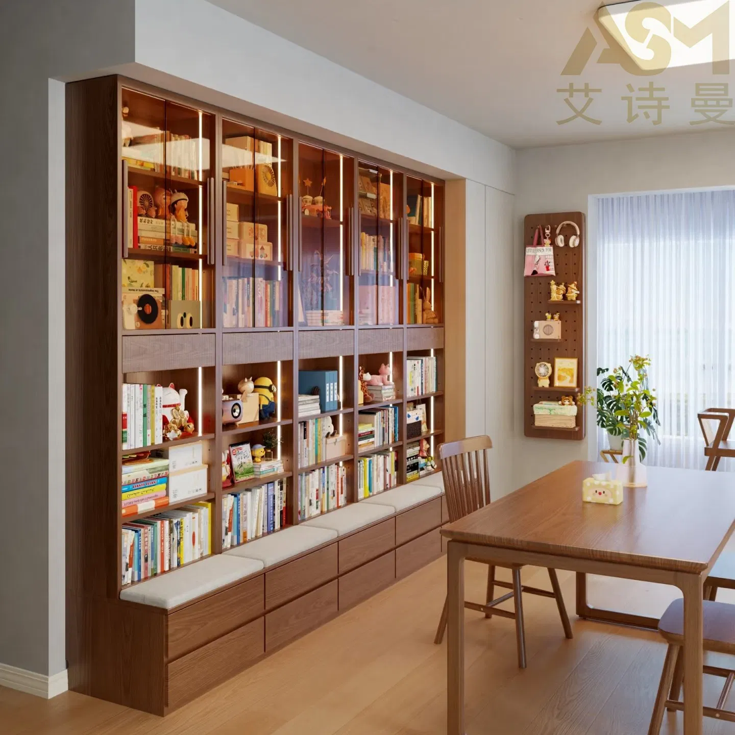 Premium Modern Light Wood Grain Built-in Bookcase Bookshelf Open Compartments Desk Attached Storage Basket Living Room Wall Wooden Filing Melamine Bookcase