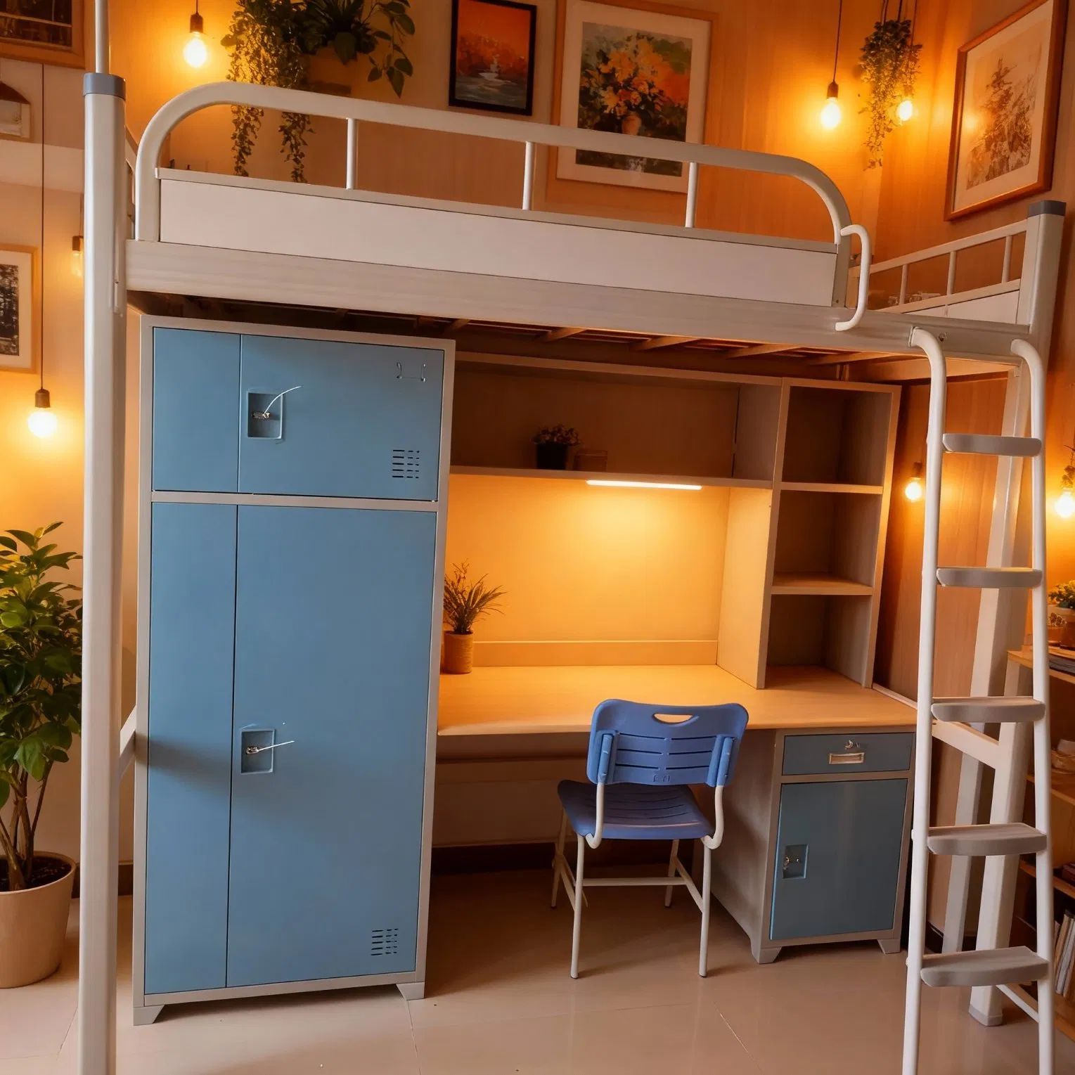 Bed Featuring Built in Bookshelf and Bedside Lighting