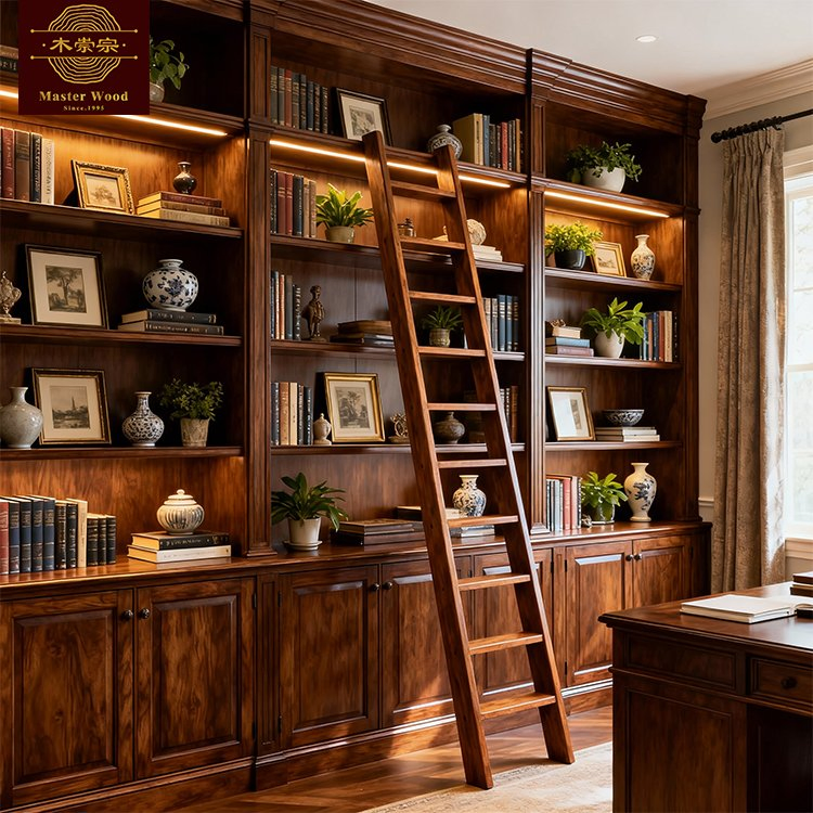 Custom Dark Solid Wooden Bookcase Book Cabinet - Vintage Luxury Built-in Corner Study Room Furniture with Rolling Ladder Whole House Customization