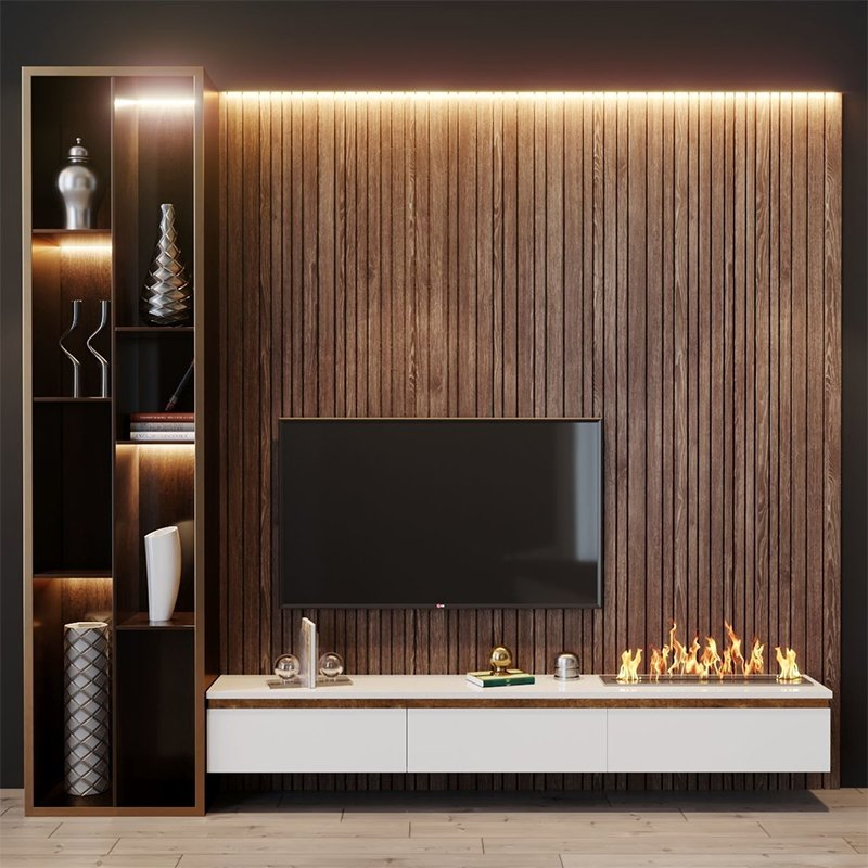 Luxury Wood MDF Sintered Stone Electric Modern TV Cabinet Fireplace TV Stand Modern with Fireplaces