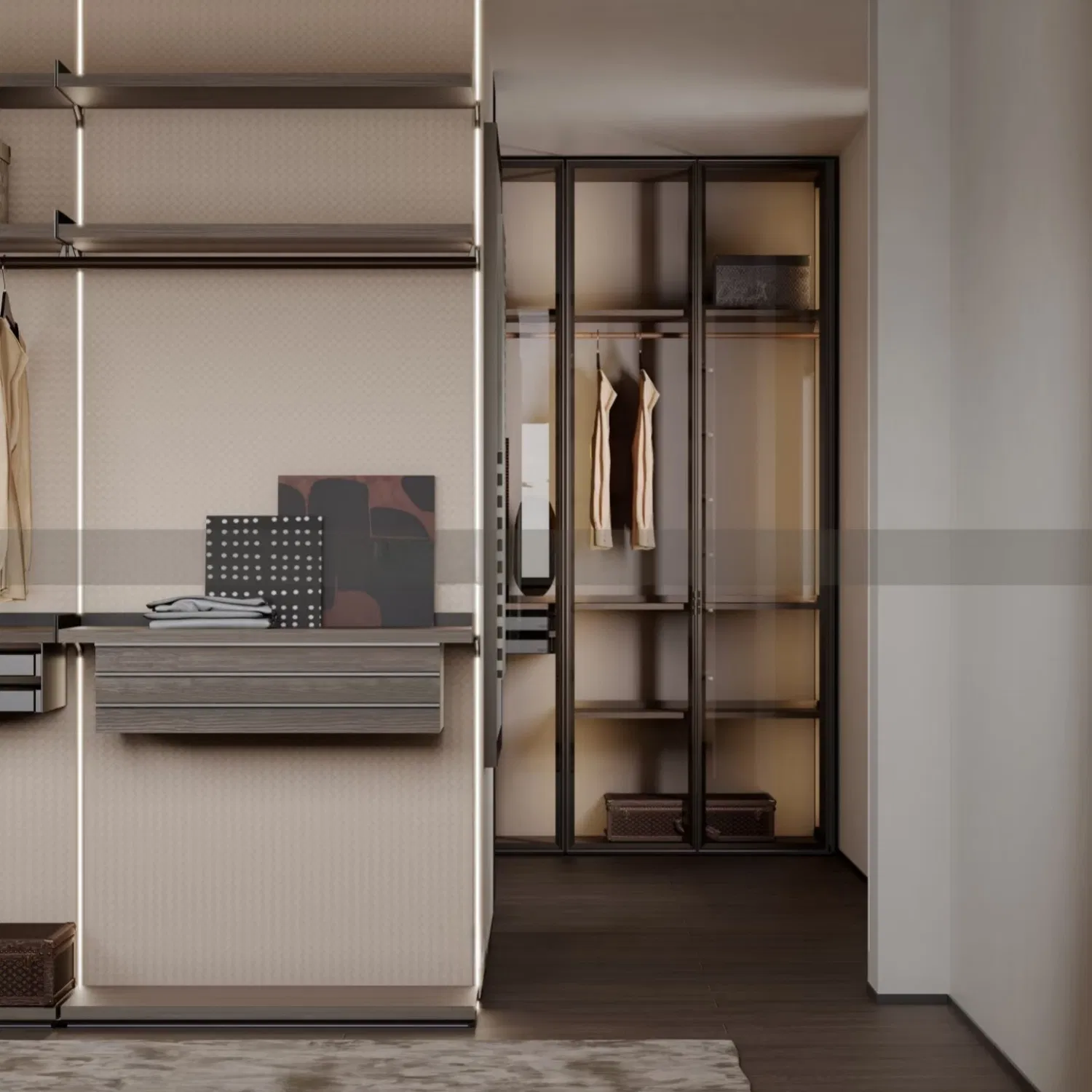 Custom High Quality Modern Wooden Walk in Storage Design Organizer System Island Center Closet Laminate Wardrobe Furniture