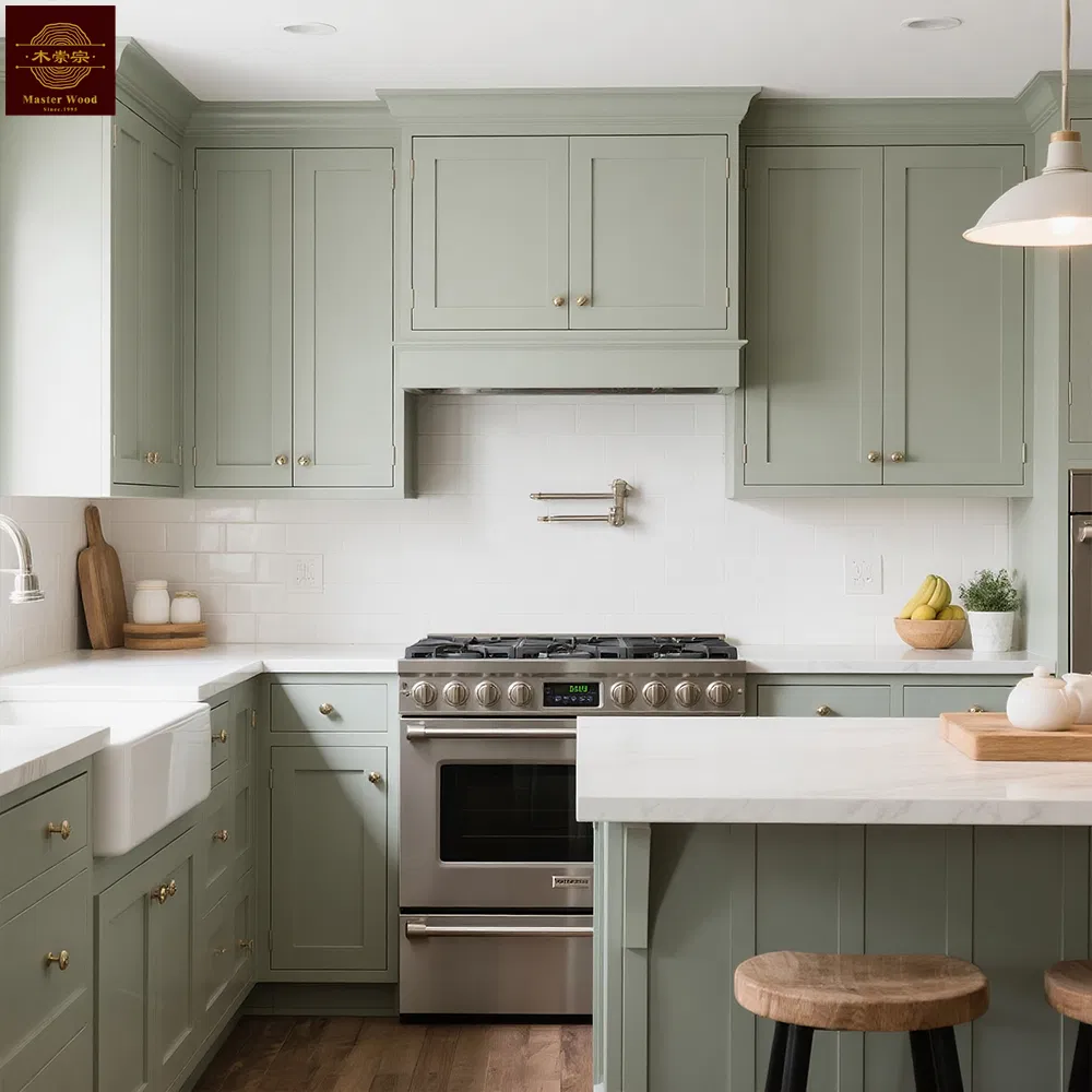 Custom Luxury Eco-Friendly Green Matte Lacquer Solid Wood Shaker Style Kitchen Cabinet Set - Modern Farmhouse Soft Close Hardware OEM/ODM