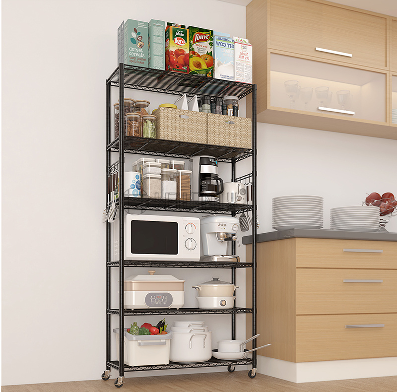 Vertical 6-Tier Storage Rack System Movable Black Epoxy Coated Metal Wire Shelving