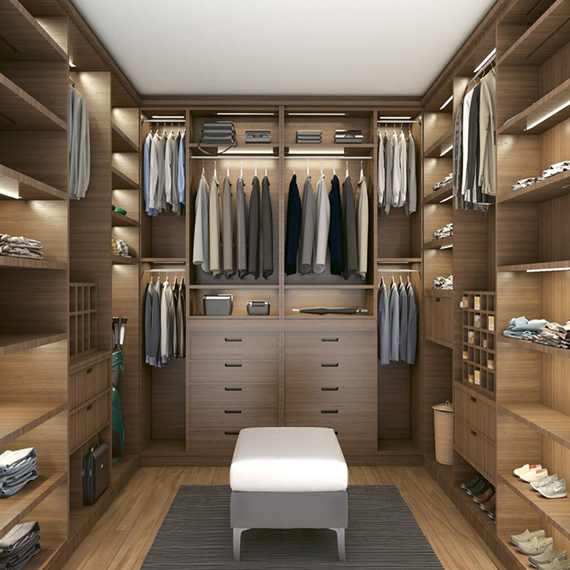 Luxury Bedroom LED Light Walk-in Wardrobe Closets Custom Modern Bed Room Wood Walkin Closet Set Systems