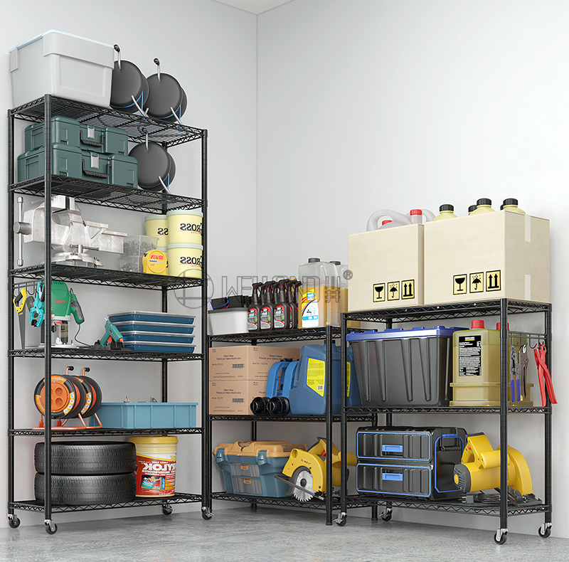 Vertical 6-Tier Storage Rack System Movable Black Epoxy Coated Metal Wire Shelving