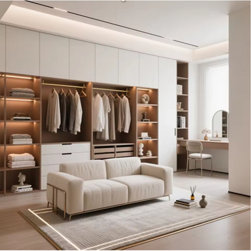 Modern Walk in Wardrobe with Large Glass Doors Concealed Handles for Bedroom Clothing Storage Organization System Clothes Closet Cabinets