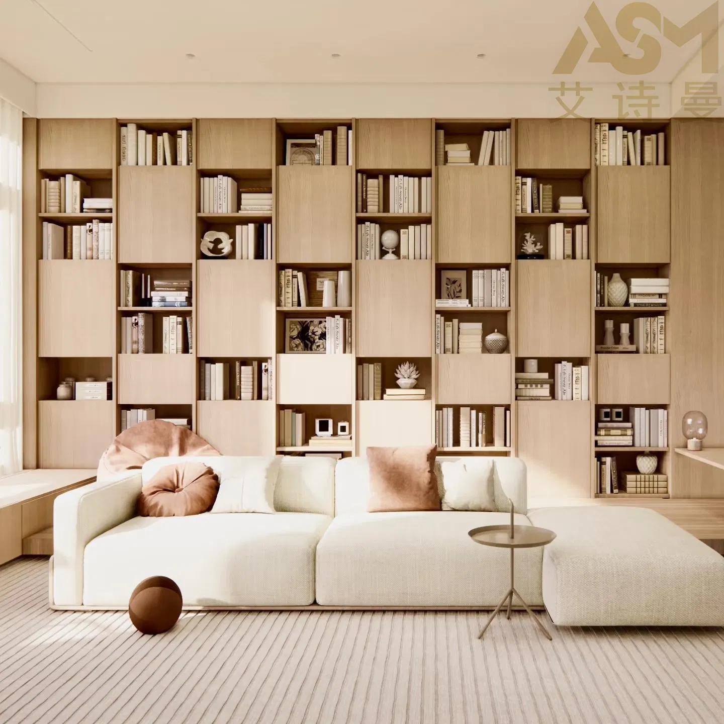 Premium Modern Light Wood Grain Built-in Bookcase Bookshelf Open Compartments Desk Attached Storage Basket Living Room Wall Wooden Filing Melamine Bookcase