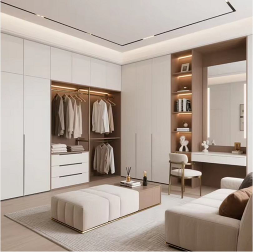 Modern Walk in Wardrobe with Large Glass Doors Concealed Handles for Bedroom Clothing Storage Organization System Clothes Closet Cabinets