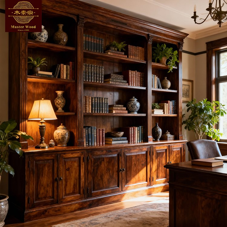 Custom Solid Wooden Bookcase - Classic American Style Built-in Bookshelf with Cabinet Storage for Study Room Whole House Customization Book Cabinet