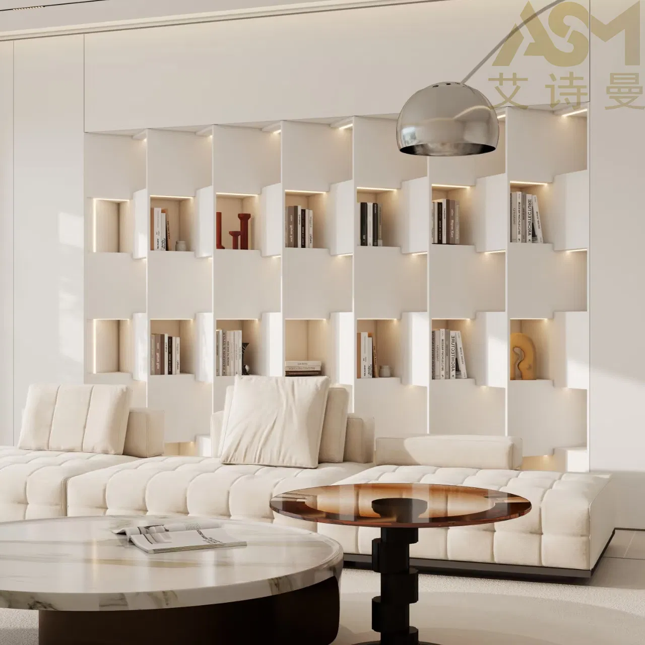 Premium Modern Light Wood Grain Built-in Bookcase Bookshelf Open Compartments Desk Attached Storage Basket Living Room Wall Wooden Filing Melamine Bookcase