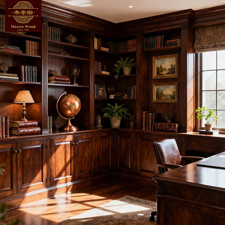 Custom Made Book Cabinet Solid Wooden Full Wall Built-in with LED Strip Private Office Luxury Shelves Whole House Customization - Bookcase