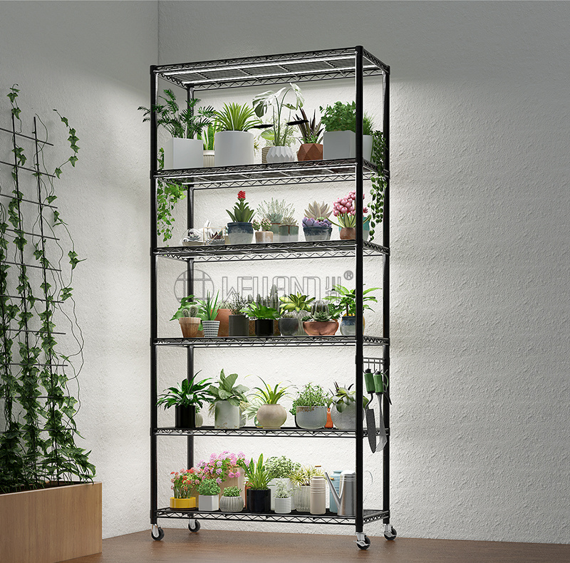 Vertical 6-Tier Storage Rack System Movable Black Epoxy Coated Metal Wire Shelving