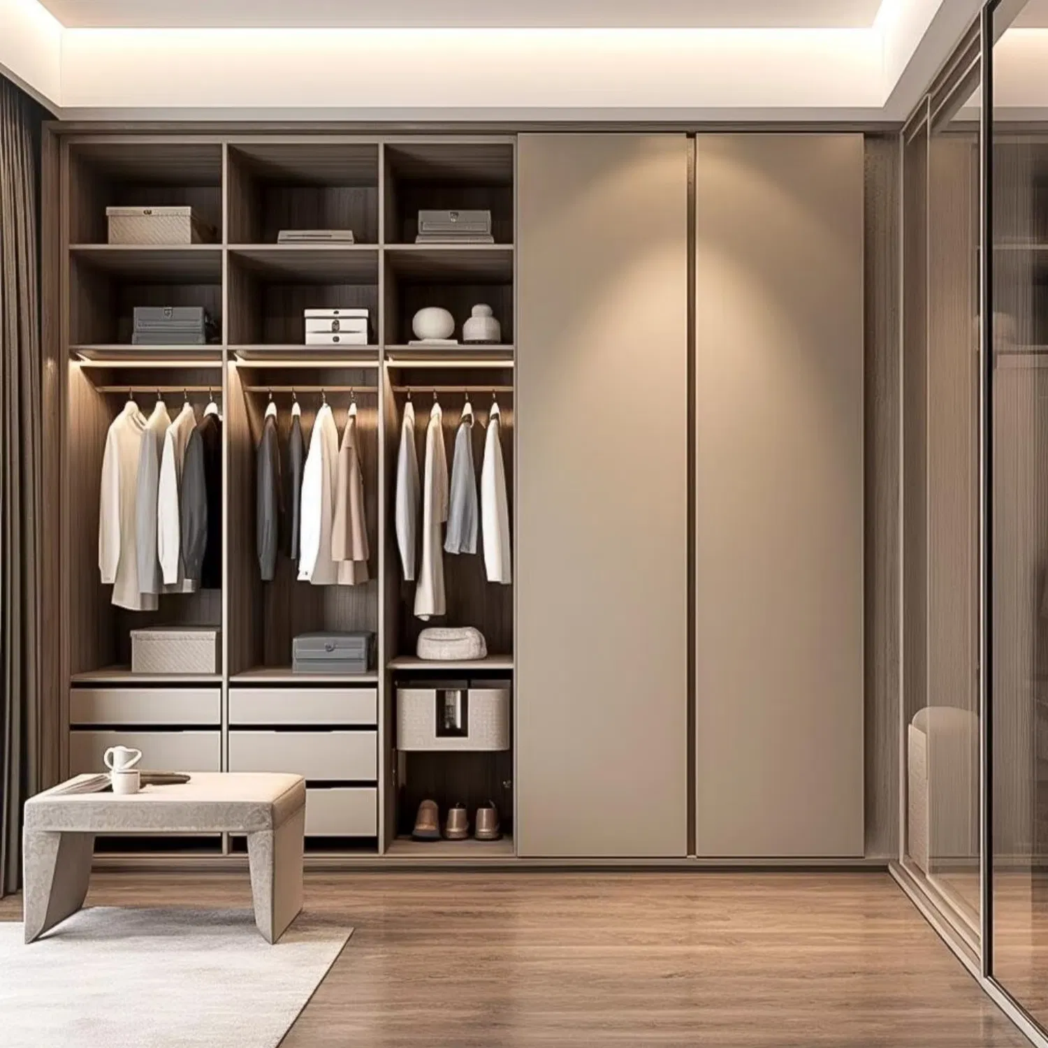 Custom High Quality Modern Wooden Walk in Storage Design Organizer System Island Center Closet Laminate Wardrobe Furniture