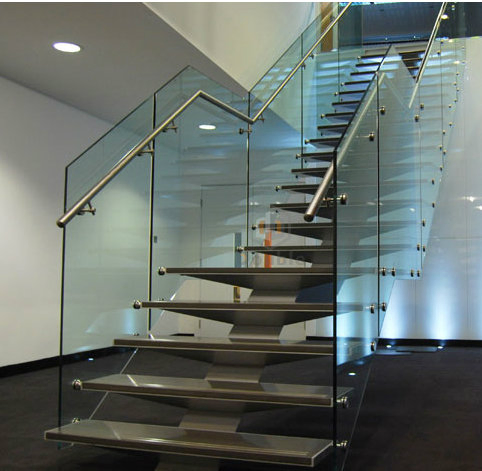 Residential Indoor Stairs Straight Staircase Mono Stringer Stair Wood Step Glass Railing