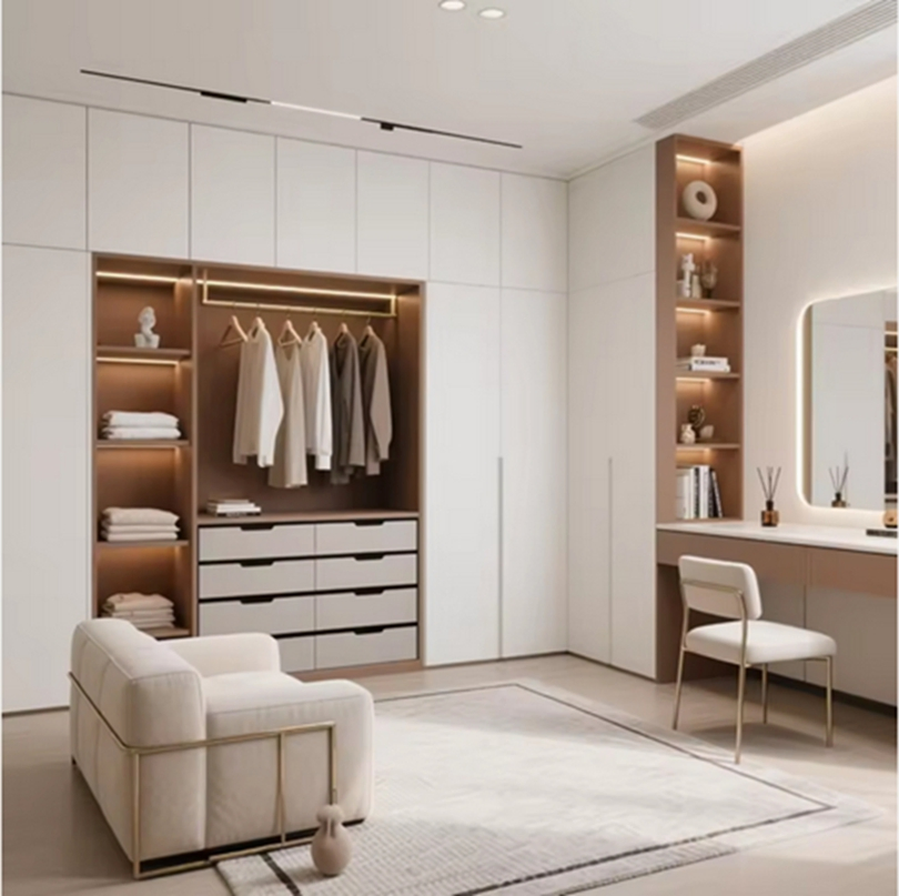 Modern Walk in Wardrobe with Large Glass Doors Concealed Handles for Bedroom Clothing Storage Organization System Clothes Closet Cabinets