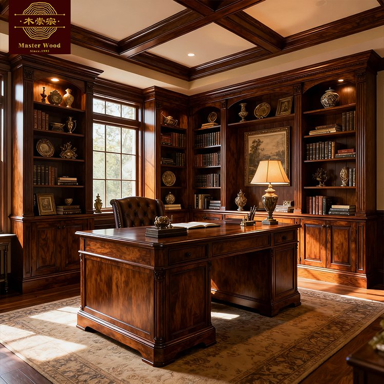 Custom Book Cabinet Solid Wooden Vintage Luxury Built-in Corner with Open Shelves &amp; Cabinet Storage for Study Room Whole House Customization - Bookcase