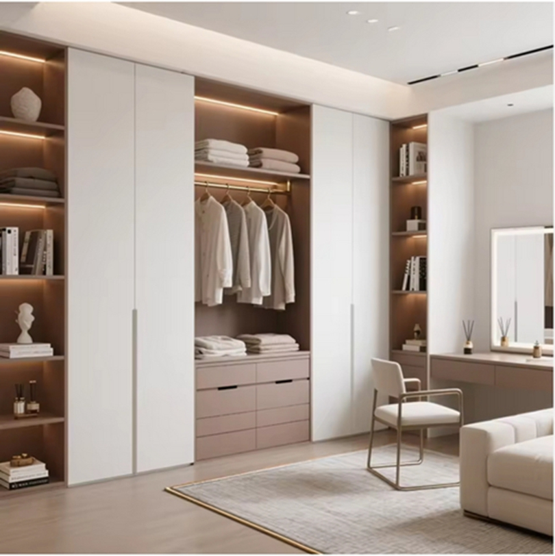 Modern Walk in Wardrobe with Large Glass Doors Concealed Handles for Bedroom Clothing Storage Organization System Clothes Closet Cabinets