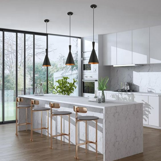 Cbmmart High Gloss Surface Finished Cabinet White Flat Panel Modern Kitchen Cabinets Modular Design Marble Island