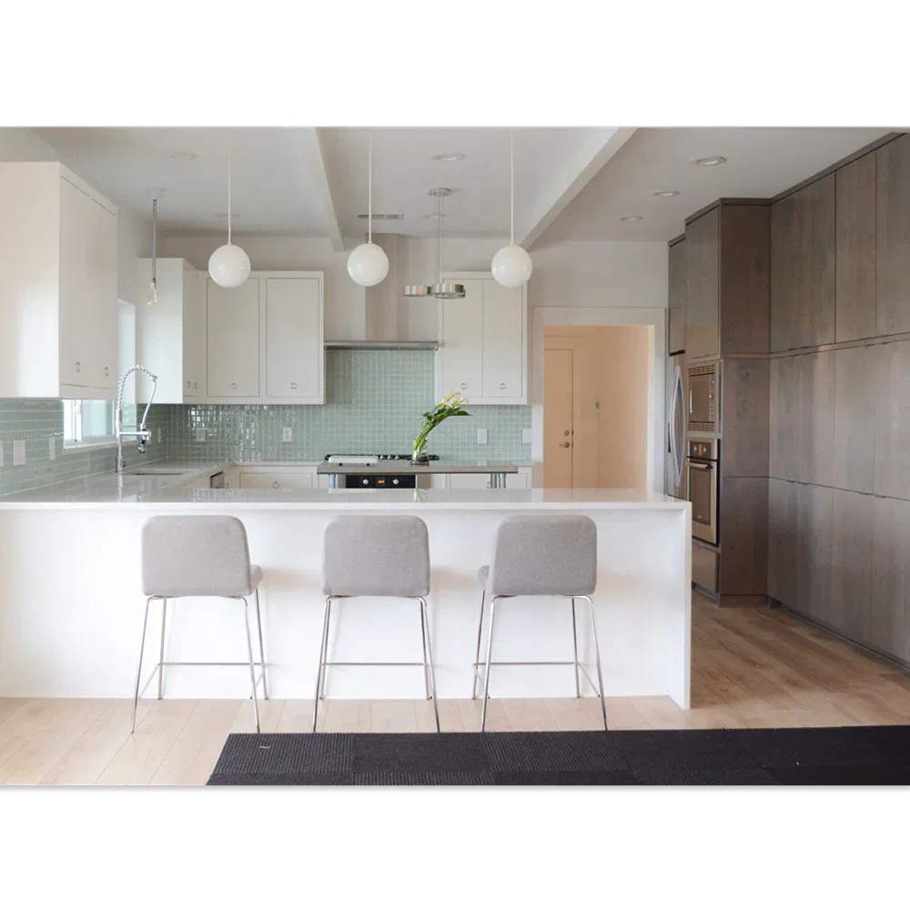 Cbmmart High Gloss Surface Finished Cabinet White Flat Panel Modern Kitchen Cabinets Modular Design Marble Island