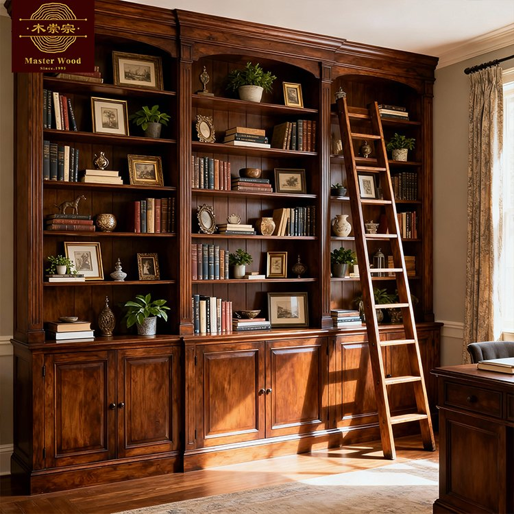 Custom Dark Solid Wooden Bookcase Book Cabinet - Vintage Luxury Built-in Corner Study Room Furniture with Rolling Ladder Whole House Customization